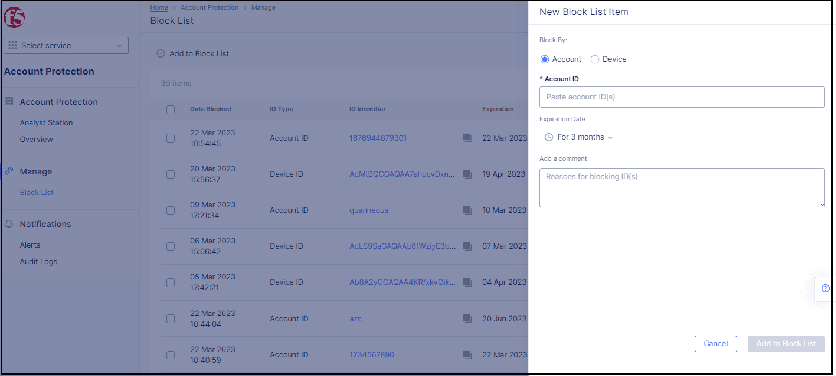 Figure: Adding an ID to the Block List
