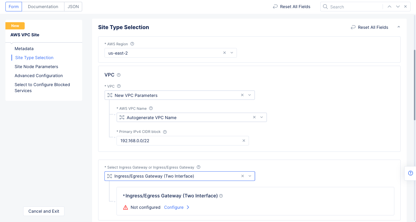 Figure: AWS VPC Site Configuration of Site Type