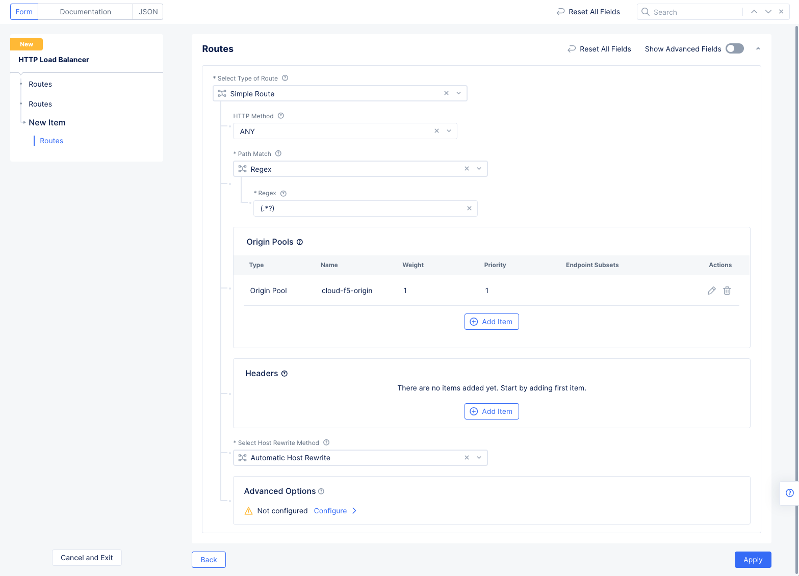 Figure: Route Origin Pool Configuration 